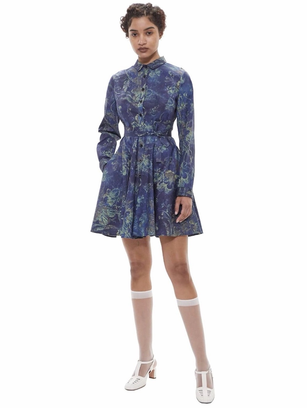 Gary Graham 422 Amanda Indigo Floral Long Sleeve Fit & Flare Shirt Dress Sz S